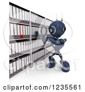 Clipart Of A 3d Blue Android Robot Searching In An Archive Room Royalty Free Illustration
