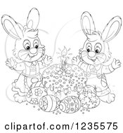 Poster, Art Print Of Black And White Rabbit Couple Around Easter Eggs And A Cake