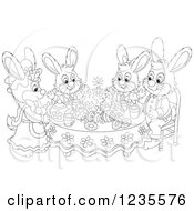 Poster, Art Print Of Black And White Rabbit Family Around Easter Eggs And A Cake