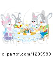 Poster, Art Print Of Gray Rabbit Family Around Easter Eggs And A Cake