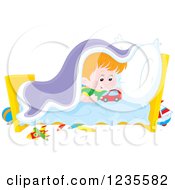 Clipart Of A Red Head Boy Playing With Toys In His Bed Royalty Free Vector Illustration by Alex Bannykh