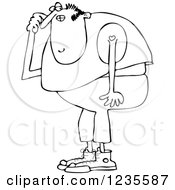 Clipart Of A Black And White Thinking Chubby Man In A Sleeveless Shirt Royalty Free Vector Illustration