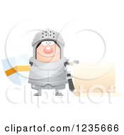 Clipart Of A Chubby Armoured Knight Holding A Scroll Sign Royalty Free Vector Illustration