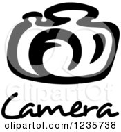 Clipart Of A Black And White Camera With Text Royalty Free Vector Illustration