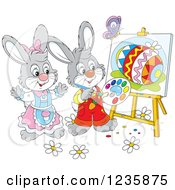 Poster, Art Print Of Gray Easter Bunny Rabbits Painting Eggs On Canvas