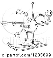 Clipart Of A Black And White Skiing Robot Royalty Free Vector Illustration