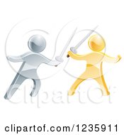 Clipart Of 3d Gold And Silver Men Sword Fighting Royalty Free Vector Illustration
