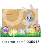 Poster, Art Print Of Gray Bunny By A Wood Sign With A Basket Grass And Easter Eggs