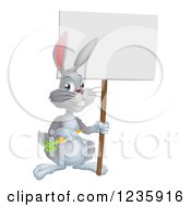 Poster, Art Print Of Happy Gray Bunny Rabbit Holding A Carrot And Blank Sign