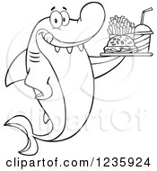 Poster, Art Print Of Black And White Hungry Shark Character With A Tray Of Fast Food