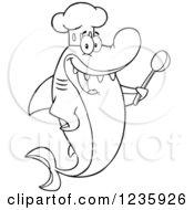 Clipart Of A Black And White Shark Chef Character Holding A Spoon Royalty Free Vector Illustration