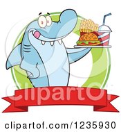 Hungry Shark Character With A Tray Of Fast Food Over A Banner