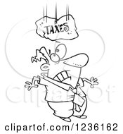 Clipart Of A Black And White Taxes Boulder Falling On A Businessman Royalty Free Vector Illustration