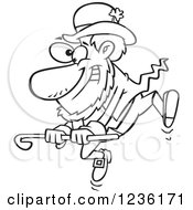 Clipart Of A Black And White St Patricks Day Leprechaun Dancing With A Cane Royalty Free Vector Illustration by toonaday
