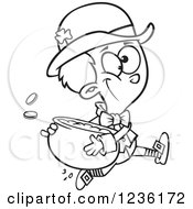 Clipart Of A Black And White St Patricks Day Leprechaun Boy Running With A Pot Of Gold Royalty Free Vector Illustration by toonaday