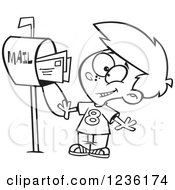 Clipart Of A Black And White Happy Boy Mailing Letters Royalty Free Vector Illustration