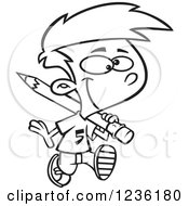 Clipart Of A Black And White School Boy Hauling A Giant Pencil On His Shoulder Royalty Free Vector Illustration