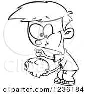 Clipart Of A Black And White Boy Putting A Coin In His Piggy Bank Royalty Free Vector Illustration