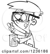 Clipart Of A Black And White Scientist Boy Mixing Chemicals Royalty Free Vector Illustration