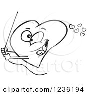 Clipart Of A Black And White Valentine Heart Swinging On A Rope Royalty Free Vector Illustration by toonaday