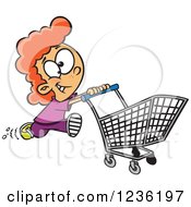 Red Haired Fast Girl Running With A Shopping Cart
