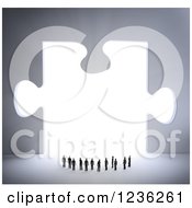 3d Group Of Tiny People At A Bright Puzzle Piece Opening