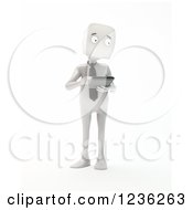 Poster, Art Print Of 3d White Businessman Holding A Smartphone Or Tablet On White
