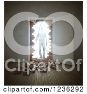 Poster, Art Print Of 3d Man Walking Through An Open Door And Broken Down Brick Wall