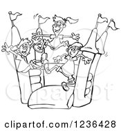 Clipart Of BAcl And White Children Jumping On A Colorful Castle Bouncy House Royalty Free Vector Illustration