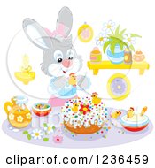 Poster, Art Print Of Gray Female Bunny Rabbit Decorating An Easter Cake