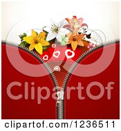 Poster, Art Print Of Zipper Background Of Red With Hearts And Lily Flowers