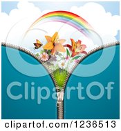 Clipart Of A Blue Zipper Background Over A Sky With A Rainbow Butterfly And Lilies Royalty Free Vector Illustration by merlinul