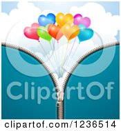 Blue Zipper Background Over Heart Balloons And Clouds