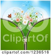 Green Zipper Background Over Sky With Butterflies A Ladybug And Flowers