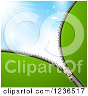 Clipart Of A Green Zipper Background Over Blue Sky With Butterflies And A Dragonfly Royalty Free Vector Illustration