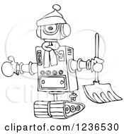 Poster, Art Print Of Black And White Winter Robot With A Snow Shovel