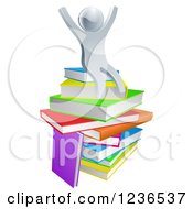 3d Silver Person Sitting And Cheering On A Stack Of Books