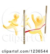 Clipart Of 3d Gold Men Racing One Crossing The Finish Line Royalty Free Vector Illustration