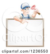 Poster, Art Print Of Brunette Male Plumber Holding A Plunger And Pointing Down At A White Board Sign