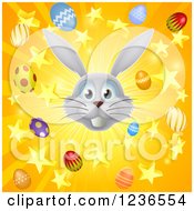 Clipart Of A Burst Of Rays Stars Eggs And A Gray Easter Bunny Royalty Free Vector Illustration