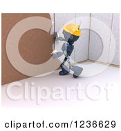 3d Blue Android Construction Robot Plastering Over Drywall
