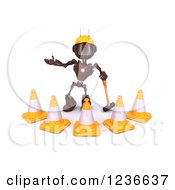 Poster, Art Print Of 3d Red Android Construction Robot With Cones And A Pickaxe