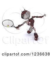 Clipart Of A 3d Red Android Robot Playing Tennis 3 Royalty Free Illustration