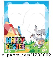Clipart Of A Border Of A Bunny Rabbit Painting Happy Easter In A Meadow Royalty Free Vector Illustration