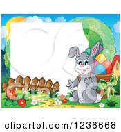 Poster, Art Print Of Border Of A Gray Bunny Carrying A Basket Of Easter Eggs On His Back