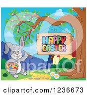 Clipart Of A Bunny Rabbit Painting A Happy Easter Sign Royalty Free Vector Illustration