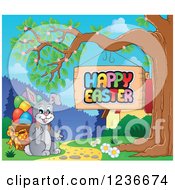 Clipart Of A Bunny Rabbit With A Basket Of Eggs By A Happy Easter Sign Royalty Free Vector Illustration