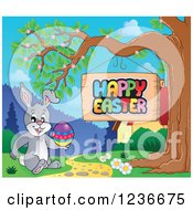 Clipart Of A Bunny Rabbit Holding An Egg By A Happy Easter Sign Royalty Free Vector Illustration