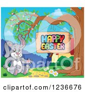 Clipart Of A Bunny Rabbit Sitting By A Happy Easter Sign Royalty Free Vector Illustration