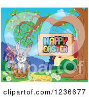 Clipart Of A Bunny Rabbit Resting In A Basket By A Happy Easter Sign Royalty Free Vector Illustration